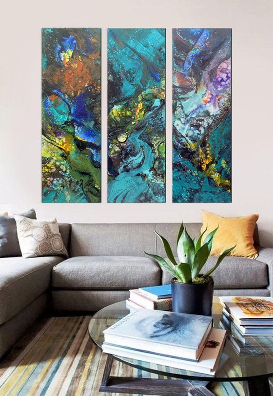 Large abstract triptych. The first flutter of Spring.