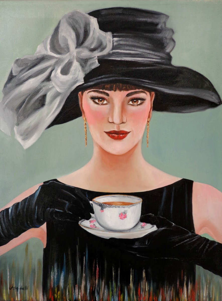 Photorealistic Portrait Oil Painting By Anna Rita Angiolelli, 18 X 24, Tea Time, Original Artwork