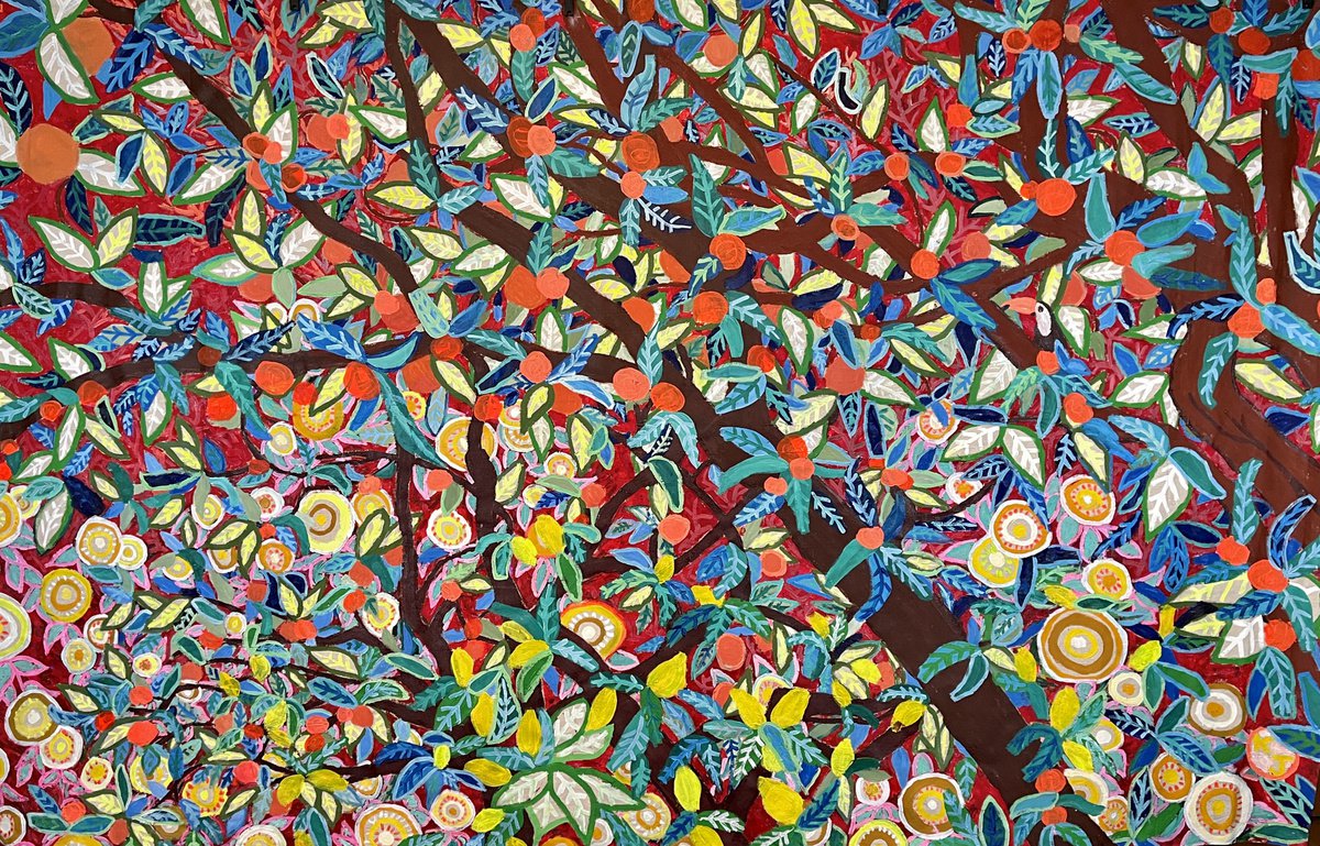 Expressive Botanical Acrylic Painting By Katie Jurkiewicz, 108 X 72", Oranges And Lemons, Original Artwork