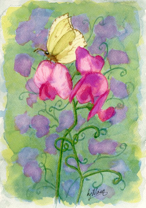 Sweet Peas and Butterfly by Lisa Mann