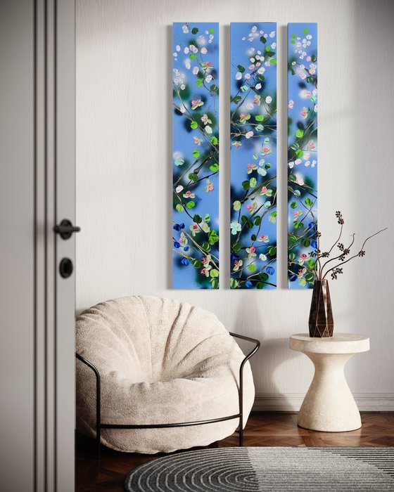 "Movement" large floral triptych on canvas