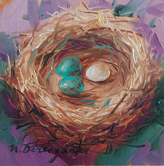 Nest oil painting original 4x4 in frame, Blue and white bird eggs miniature oil painting wall art framed, Small painting