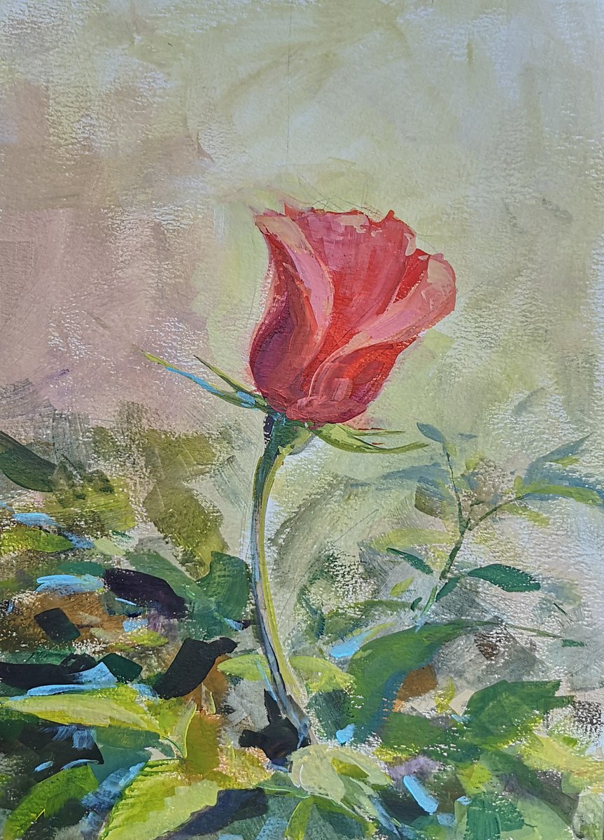 Red rose (acrylic on paper painting) ( 11x15x0.1’’) by Alexander Koltakov
