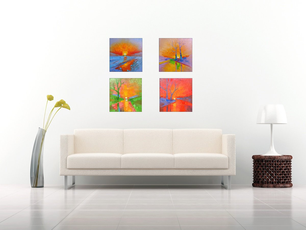 Abstract Landscape Oil Painting By Narek Qochunc, 16 X 16", Sunset Quartet, Original Artwork