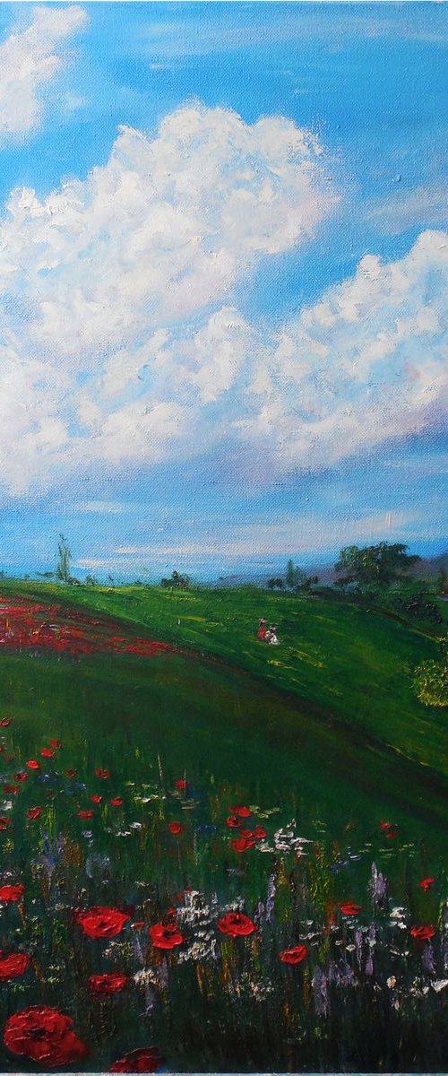 Poppies at the meadow under clouds by Oksana Fedorova