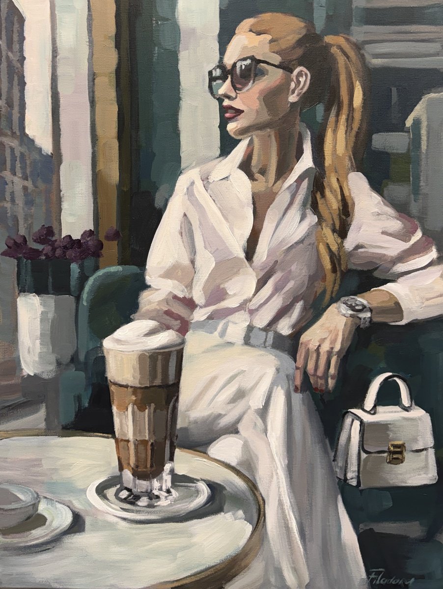 Impressionistic Portrait Acrylic Painting By Tatiana Filipowicz, 24 X 31", Latte Moments, Original Artwork