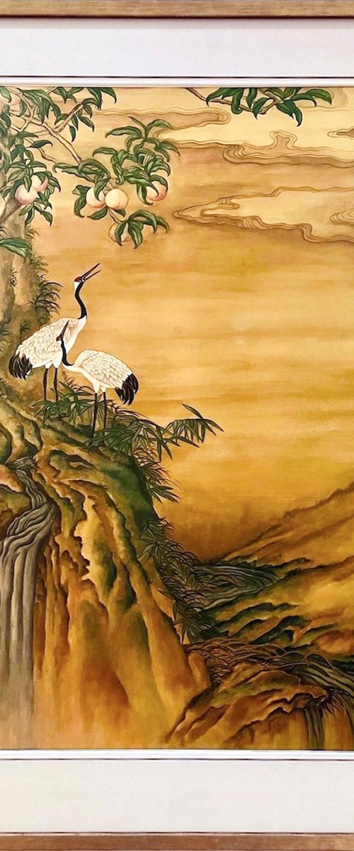 Cranes Under A Peach Tree At The Top Of A Waterfall by Nicola Mountney