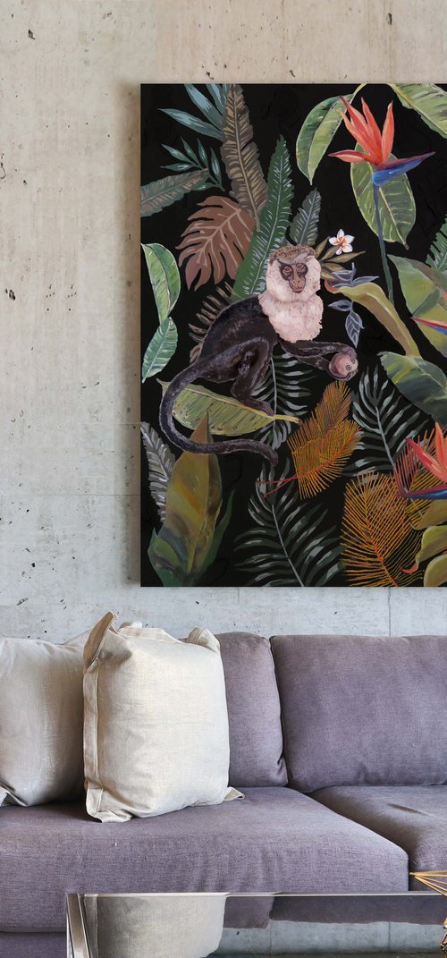 Jungle N°2  - Fern - Tropical - Monkeys - Art-Deco - Organic Floral, XL LARGE PAINTING by Artemisia