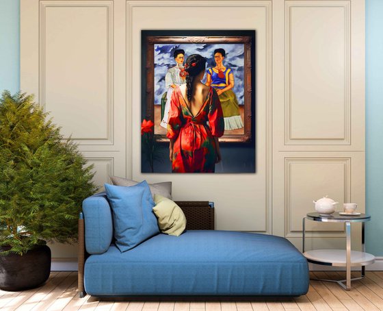 Frida Kahlo. Large original female portrait. Woman in museum art gallery with Two Fridas painting. Art Gift