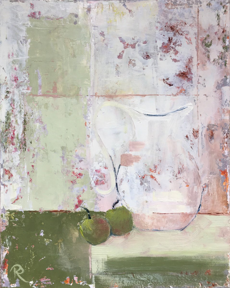 Naive Still Life Oil Painting By Rebecca Pells, 8 X 10", Jug With Apples, Original Artwork