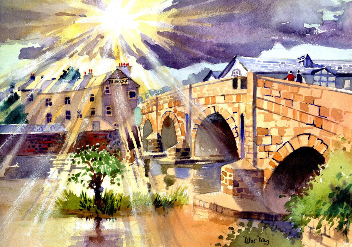 Impressionistic Landscape Watercolour By Peter Day, 17 X 13", After The Rain Kendal Bridge, Original Artwork