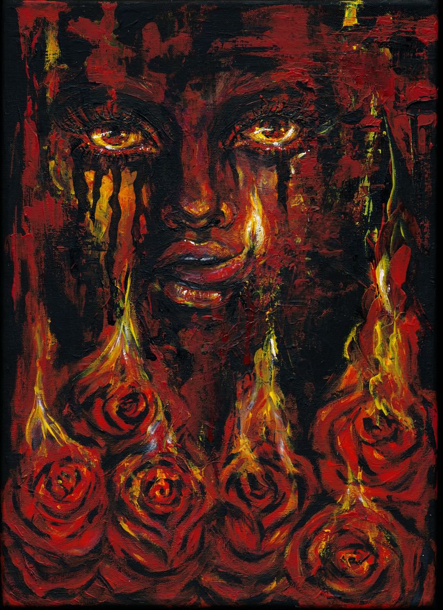 Expressive Portrait Acrylic Painting By Doriana Popa, 9 X 12, Let It Burn, Original Artwork