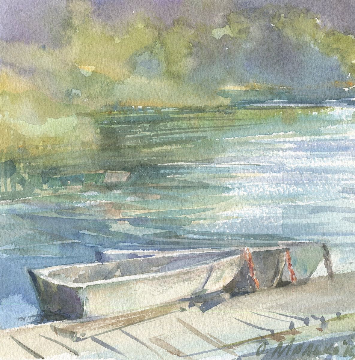 Old rowboats / River sketch Summer watercolor landscape by Olha Malko