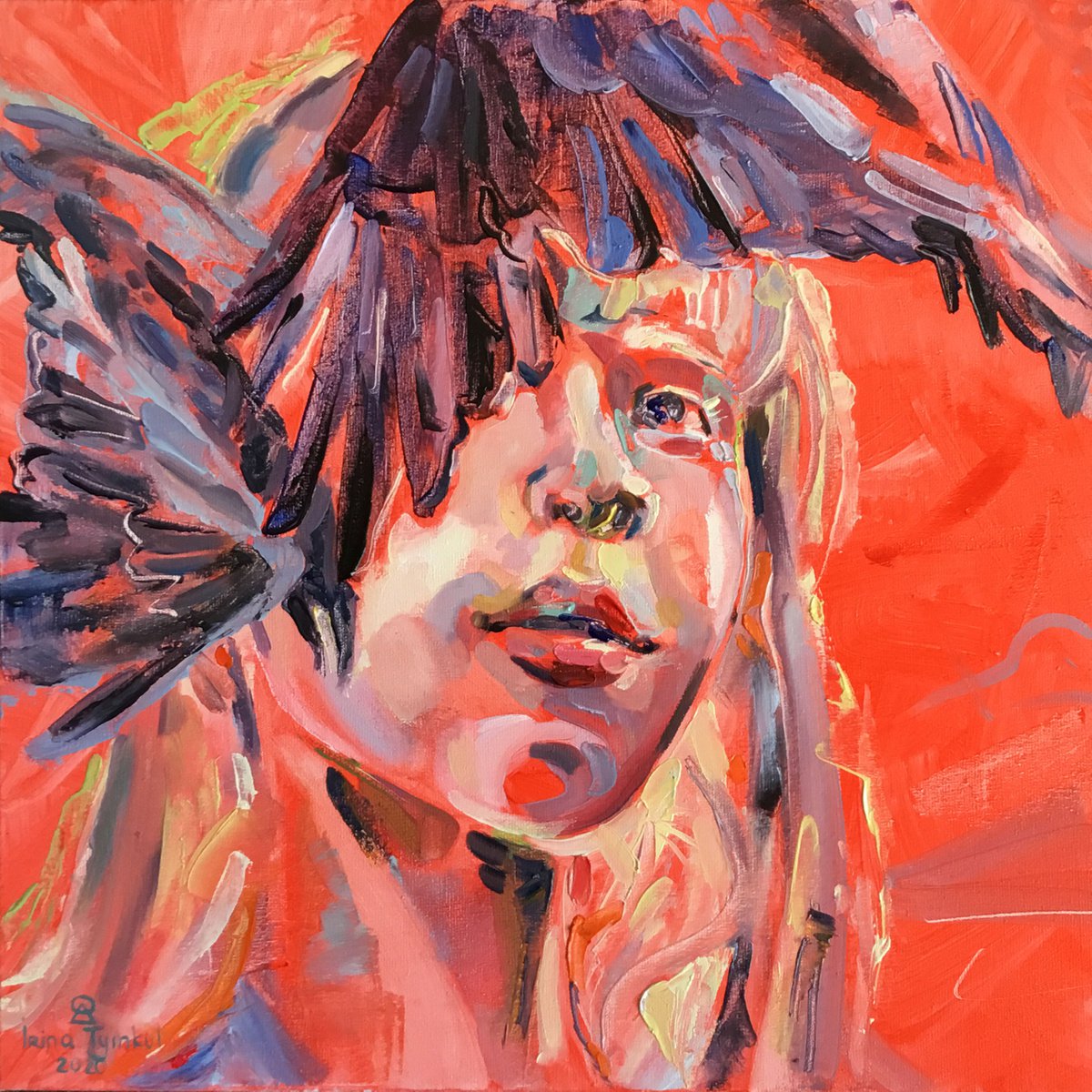 Expressive Portrait Oil Painting By Iryna Tymkul, 14 X 14, Red Pigeons (2020), Original Artwork