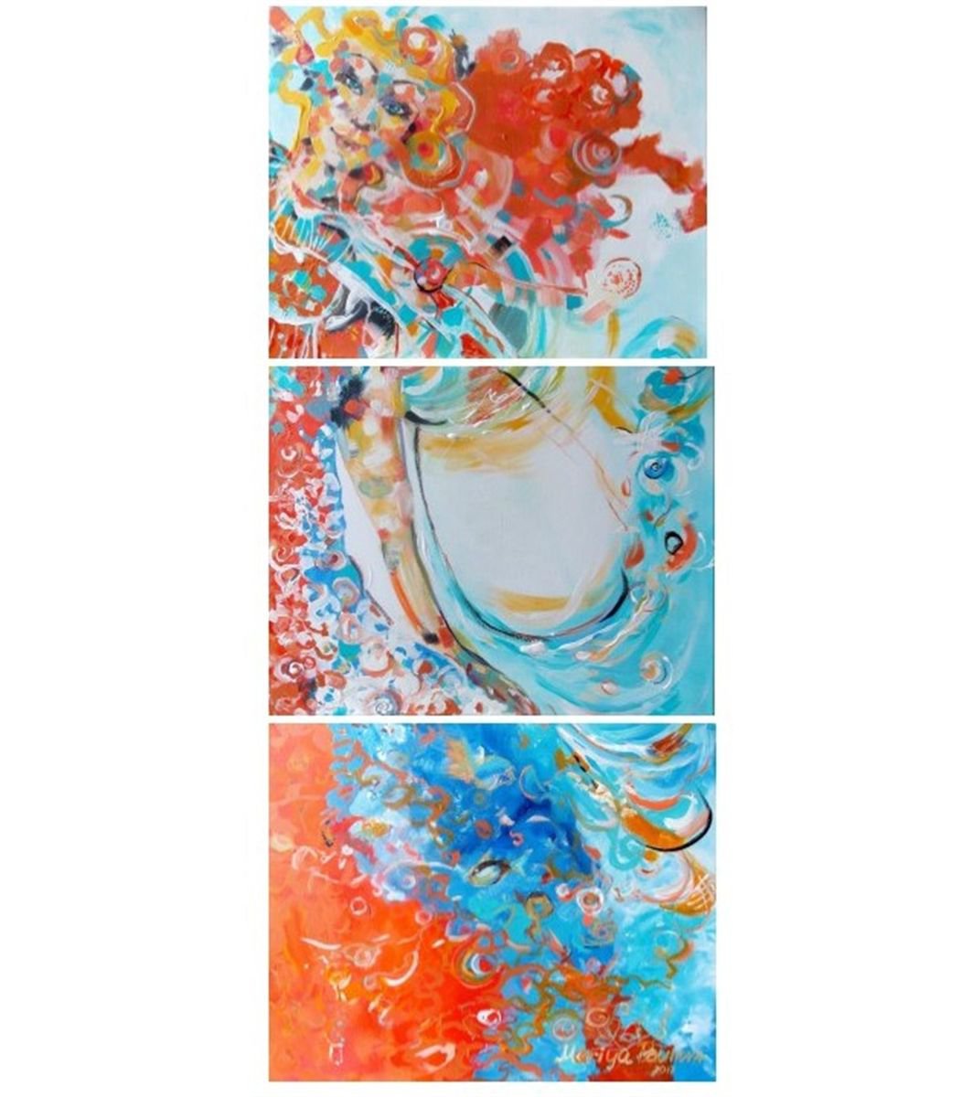 Impressionistic Portrait Acrylic Painting By Maria Paunova, 20 X 47", Good Morning, Sea!, Original Artwork