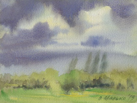 Spring rains #3 / Watercolor sketch Landscape painting