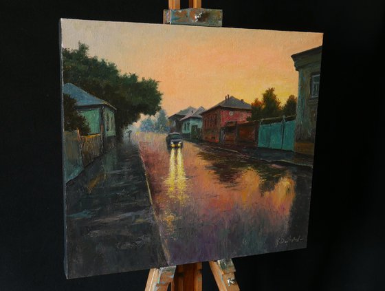 It Is Summer Warm Rain At Sunset - original oil painting