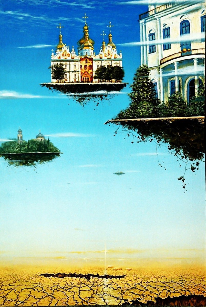 Surrealistic Landscape Oil Painting By Serhiy Roy, 33 X 51", Raising Seven Churches, Original Artwork