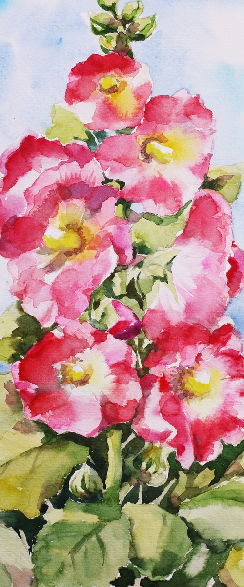 Hollyhock flower watercolor illustration by Tanya Amos