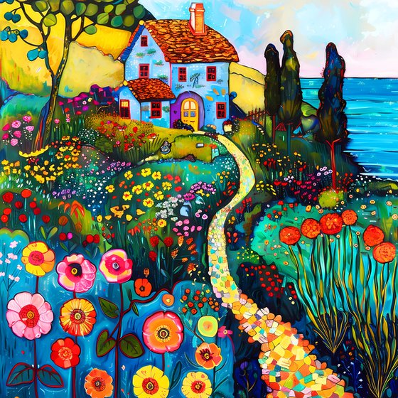 Warm evening with cozy house near the sea. Colorful impressionistic fairytale floral landscape fantasy flowers. Hanging large positive relax naive fine art for home decor, inspiration by Matisse and Klimt
