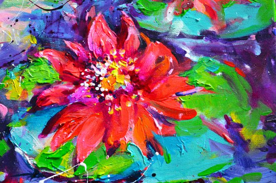 Red Water Lilies Floating on the Pond
