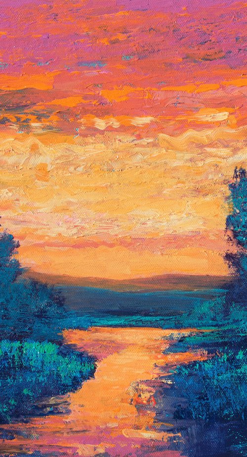 Glowing Sunset 230128, colorful sunset landscape with field & trees by Don Bishop