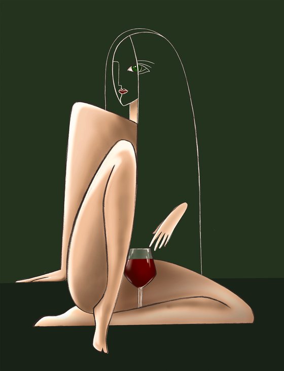 Woman and wine ll, stylish digital fashion illustration, brunette woman, glass of red wine