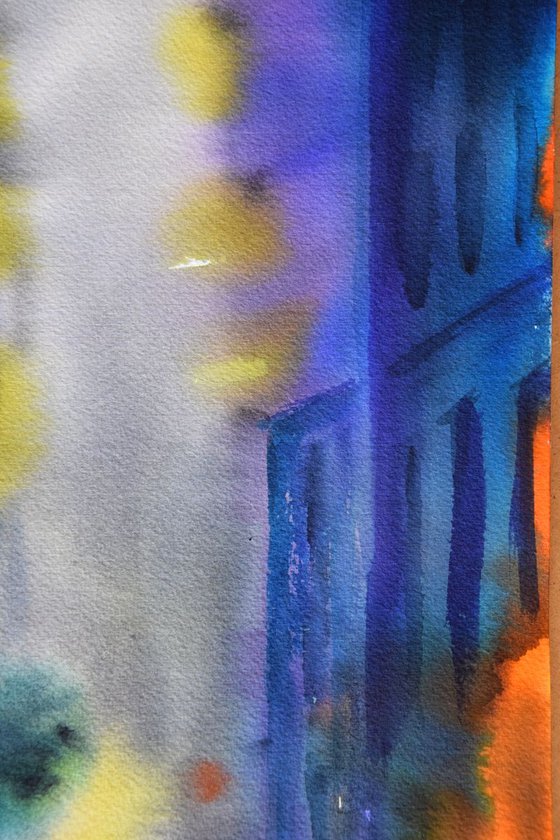 Rainy night New York original watercolor painting, abstract cityscape