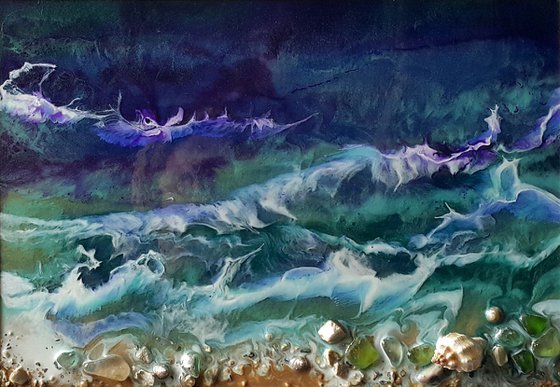 Painting abstract SEA MELODY, original fluid artwork in frame