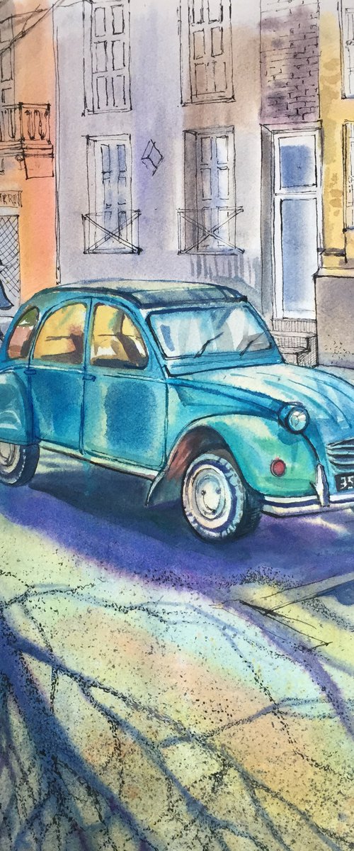 Retro car. Landscape with a blue car. by Natalia Veyner
