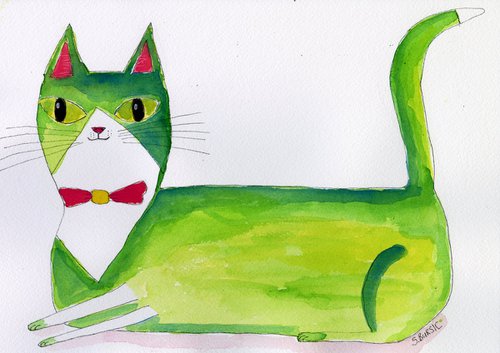 Green Cat Watercolour Whimsical Naive Sitting Cat by Sharyn Bursic