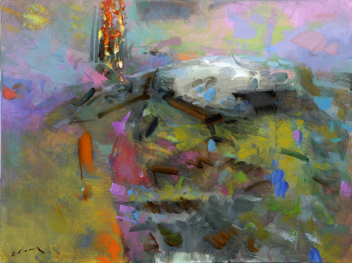 Expressive Abstract Oil Painting By Eugene Segal, 31 X 24, Heavenly Fire, Original Artwork