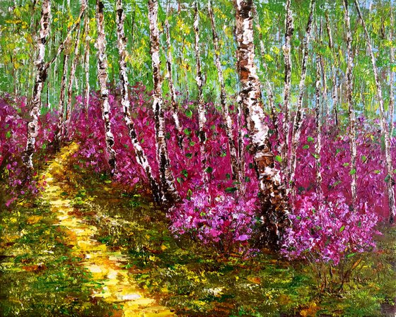 ALONE WITH NATURE - Blooming forest. Blooming shrubs. Pink labrador. Path. Thicket. Summer day. Birch.