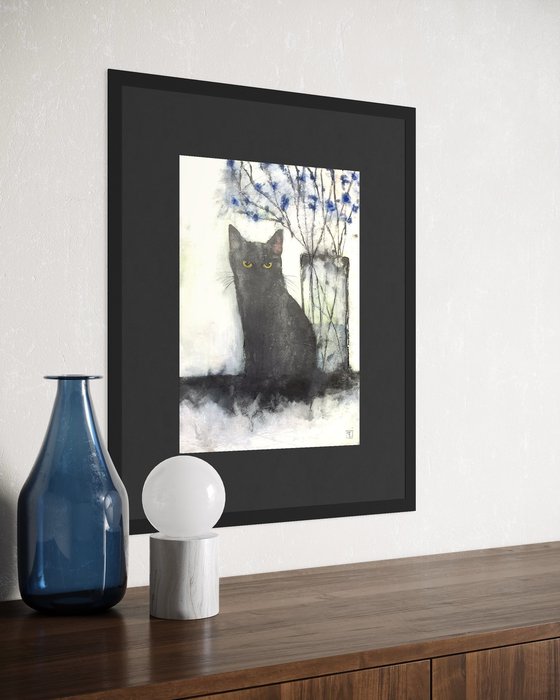 CHAT NOIR ET FLEURS BLEUS