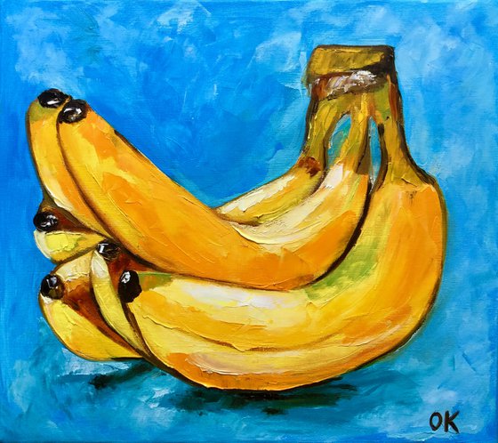 Bananas on  turquoise  Still life. Palette knife painting on linen canvas