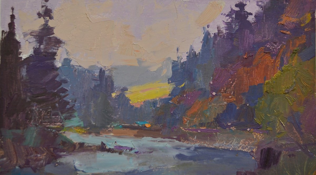 Impressionistic Landscape Oil Painting By Alexander Shandor, 14 X 8, Road Near Th River, Original Artwork