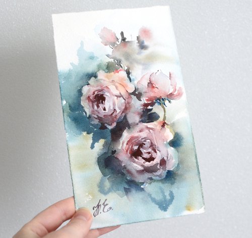 Smoky roses in watercolor, small lilac floral painting by Yulia Evsyukova