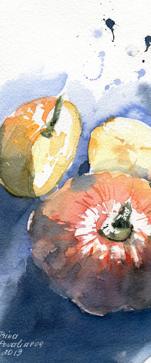 Pumpkin etude 2, 18,5x28, watercolor, orange, yellow, blue, stillife, pumpkin by Irina Povaliaeva