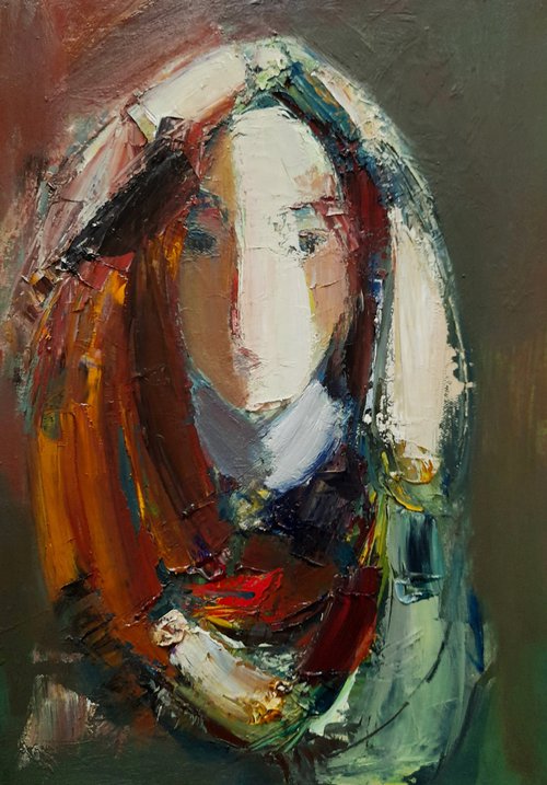 Girl in the headscarf(50x35cm, oil/canvas, abstract portrait) by Matevos Sargsyan