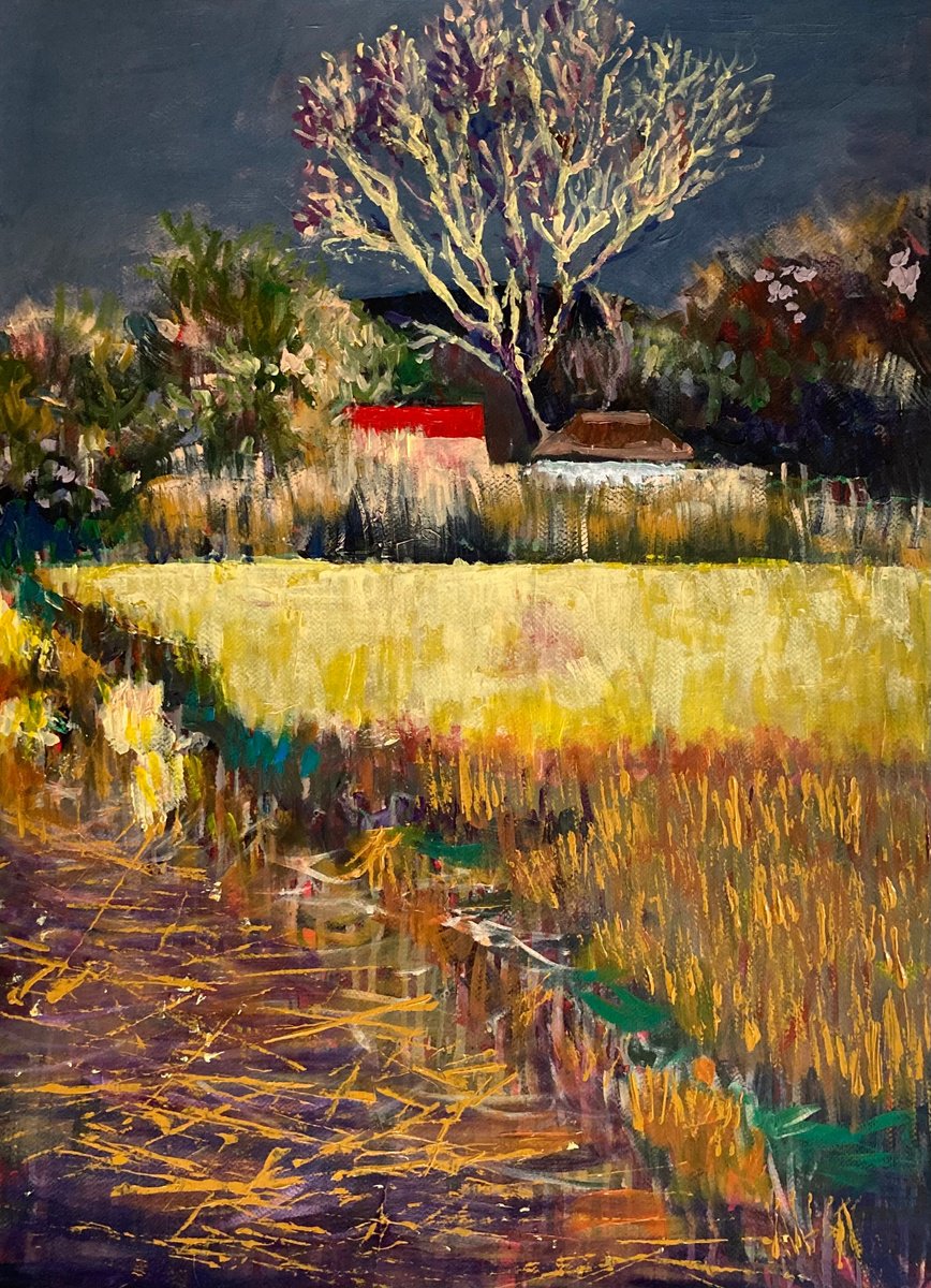 Impressionistic Landscape Acrylic Painting By John Cottee, 22 X 30, After The Harvest, Original Artwork