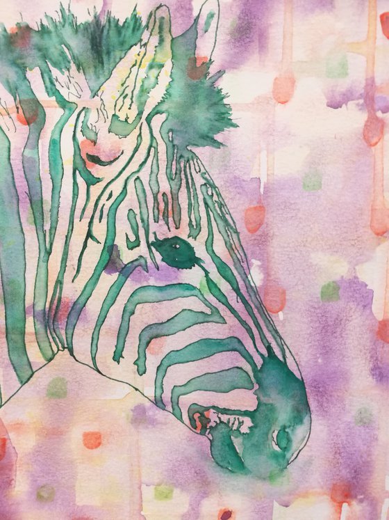 Green Zebra watercolour bright & colourful ( on paper ) Free Shipping
