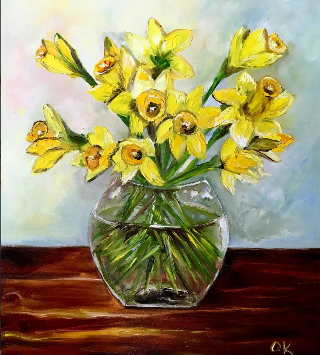 Impressionistic Botanical Oil Painting By Olga Koval, 16 X 18", Bouquet Of Daffodils #4, Original Artwork