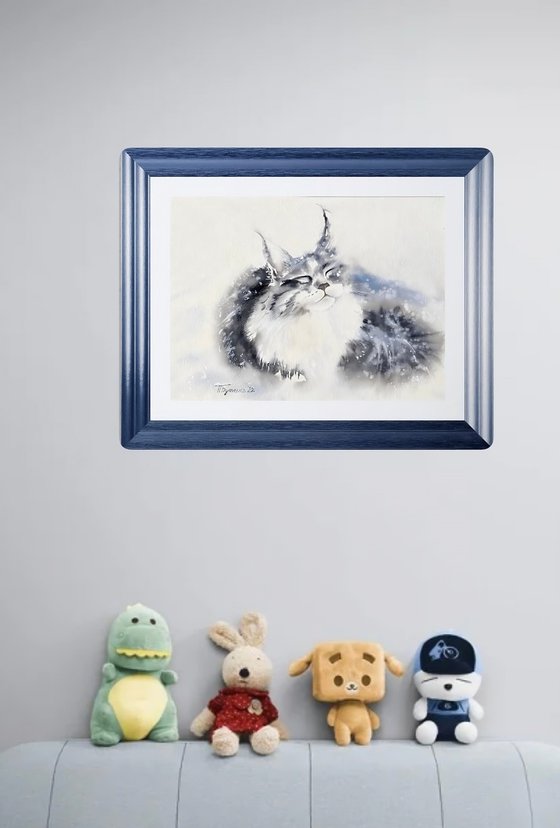 Snow cat, original watercolour