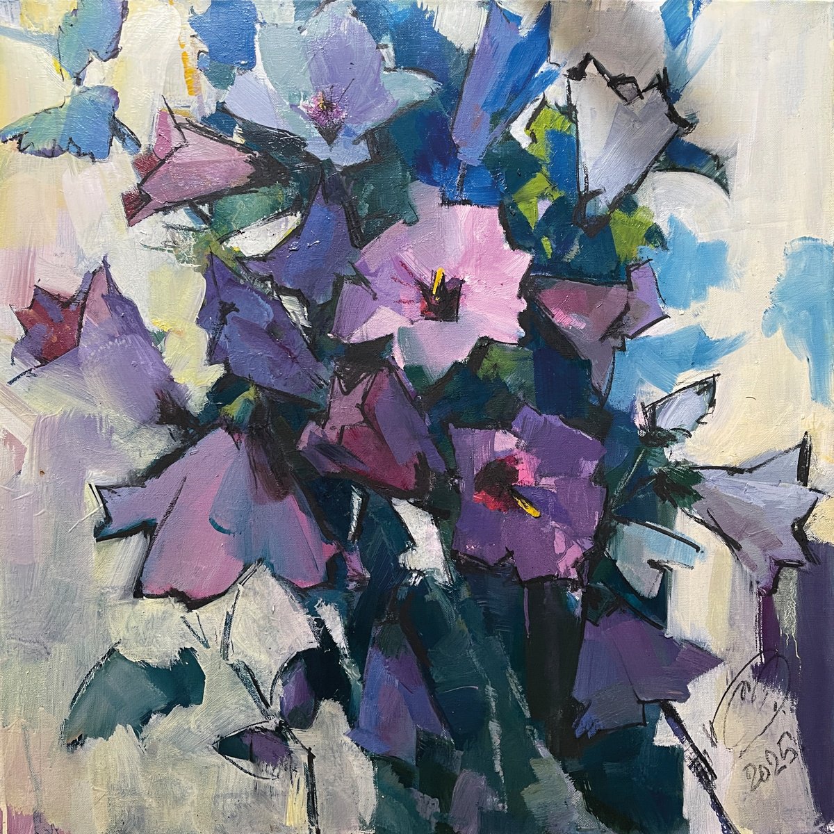 Expressive Botanical Oil Painting By Igor Yuryev, 28 X 28, Blue Flowers, Original Artwork