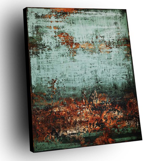 GREEN ISLAND - 150 x 120 CM - TEXTURED ACRYLIC PAINTING ON CANVAS * COPPER * GREEN