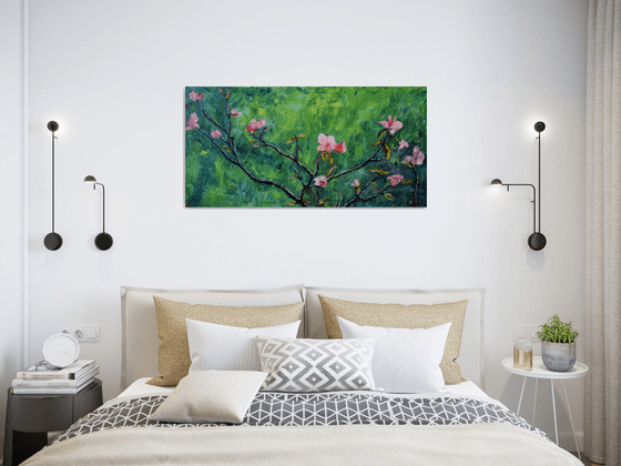 Spring flowers oil painting on canvas, pink flower, green wall art