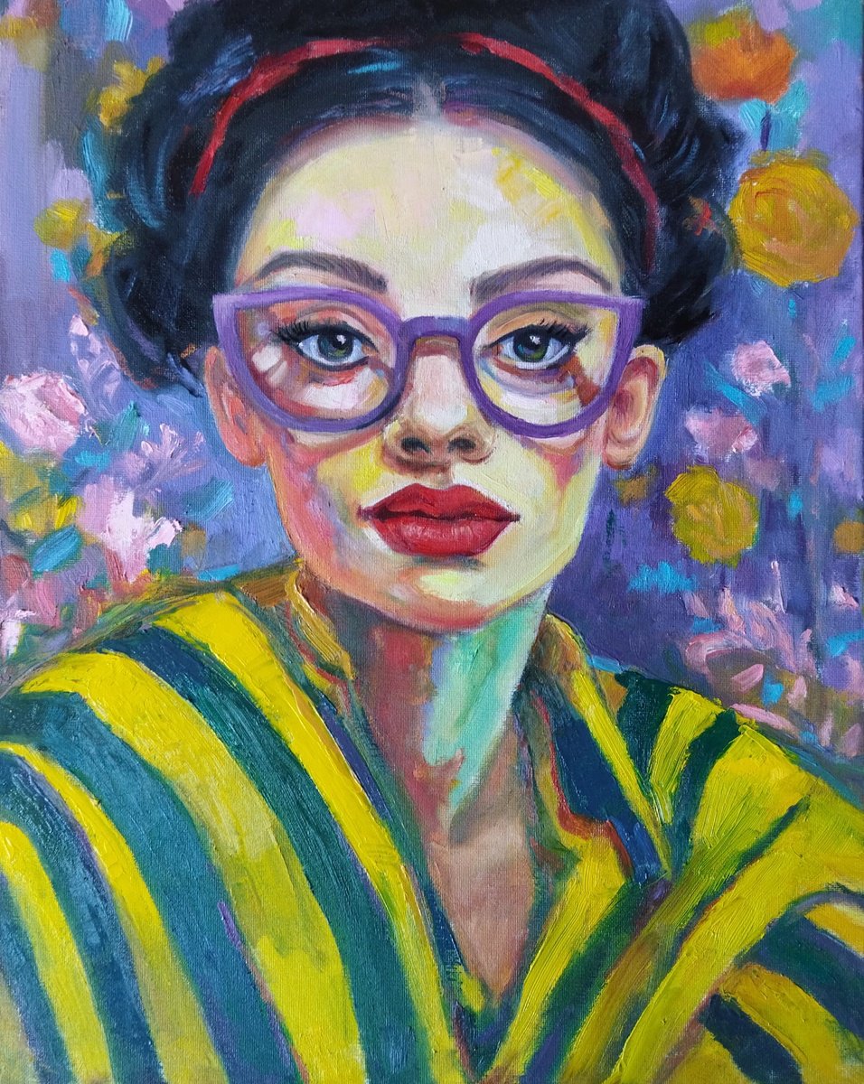 Expressive Portrait Oil Painting By Ann Krasikova, 16 X 20, Red Lips, Woman Portrait, Original Artwork