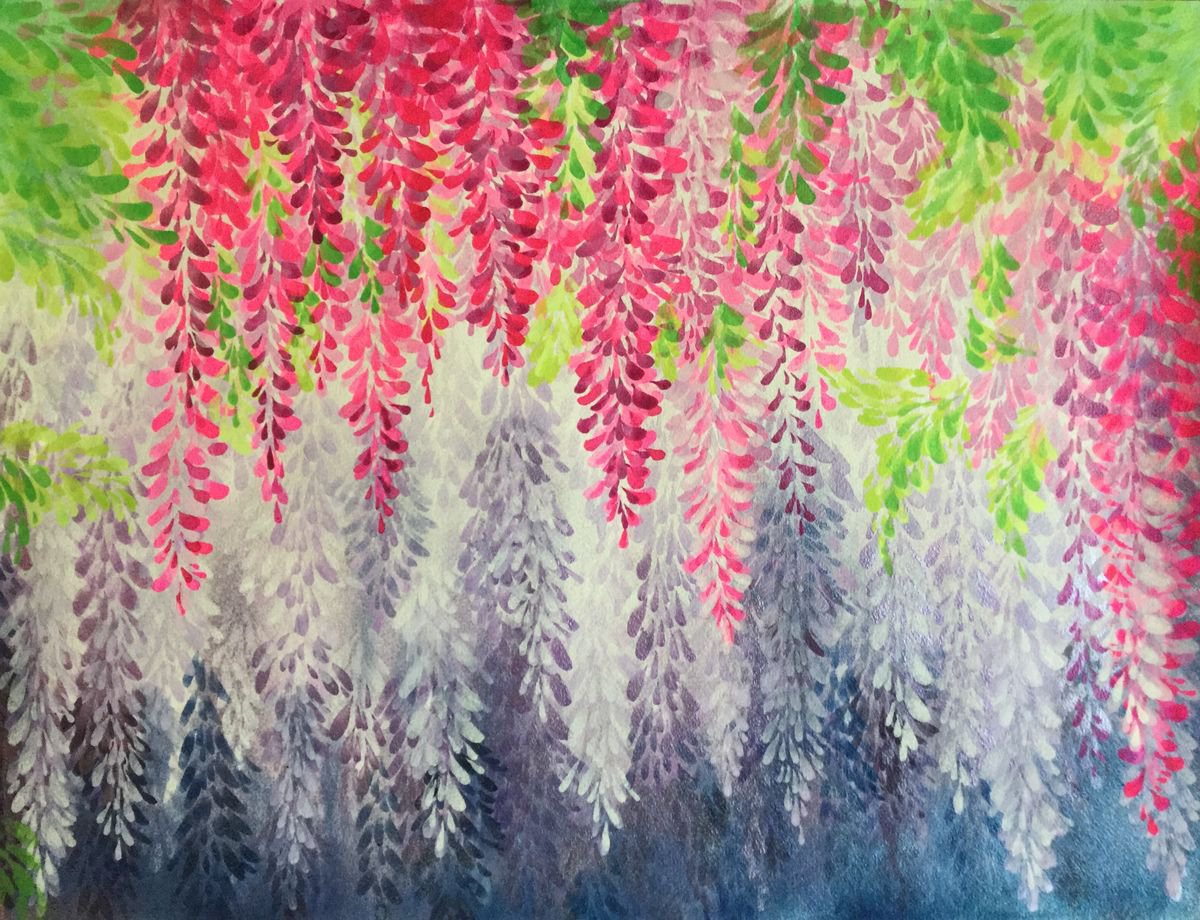 Organic Landscape Acrylic Painting By Shushanik Karapetyan, 21 X 27", Wisteria, Original Artwork