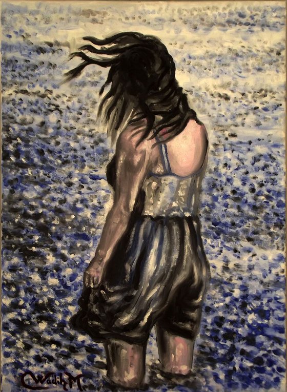 RAINY LAKE GIRL IN MEDITATION - Thick oil painting - 70x50 cm