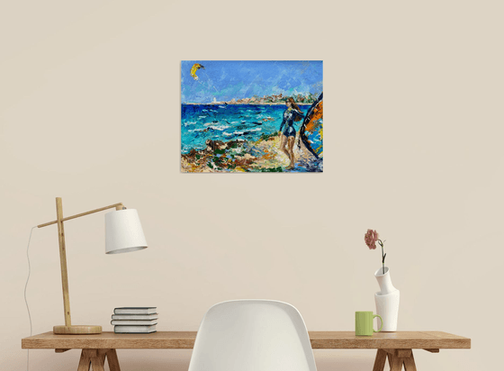 Kitesurfing - Spot atmosphere, 47*37cm, impressionistic oil impasto landscape painting